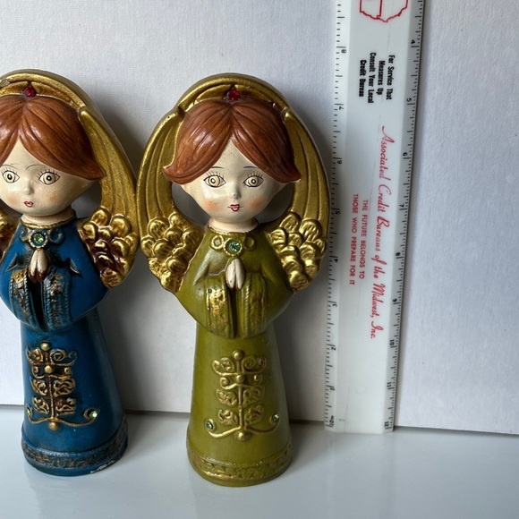Vintage Japan Angel Figurines Pair Blue Green Gold Halo Praying Christmas Decor - Picture 10 of 13